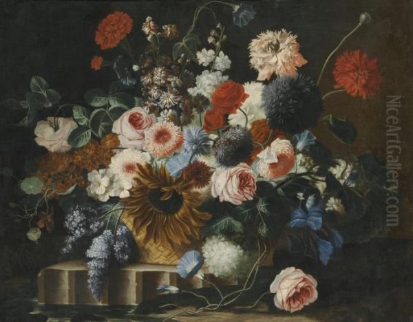 Still Life With Flowers On A Stone Ledge Oil Painting by Frans Werner Von Tamm