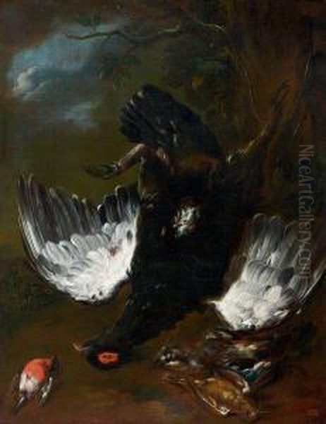 Tetras Pendu Par La Patte Entoure D'un Rouge-gorge Et D'un Geai Oil Painting by Frans Werner Von Tamm