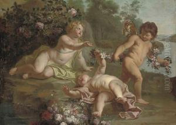 Putti Disporting With Garlands Of Flowers Beside A Lake Oil Painting by Frans Werner Von Tamm