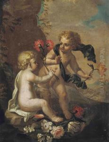 Putti Disporting In A Wooded Landscape Oil Painting by Frans Werner Von Tamm