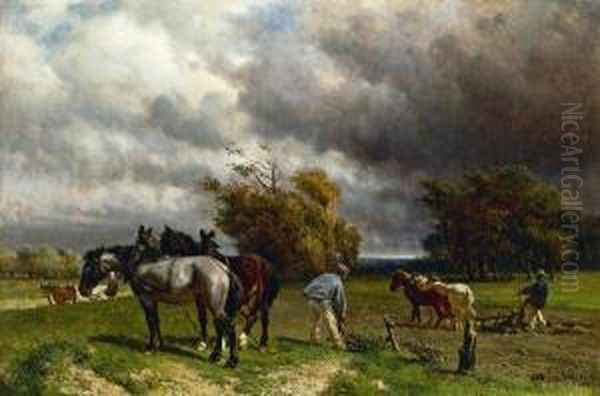 Pflugende Bauern Mit Pferdegespann Oil Painting by Otto Karl Kasimir Von Thoren