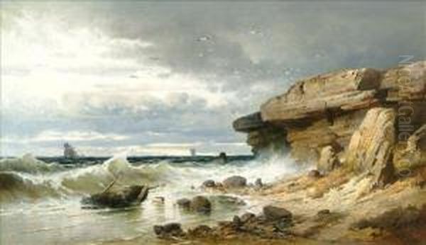 Coastal Scene With A Boat Washed Ashore Oil Painting by Paul Von Tiesenhausen