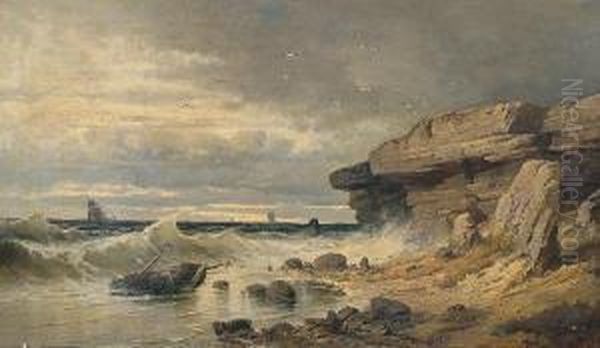 Rocky Coastal Landscape With Washed-up Boat Oil Painting by Paul Von Tiesenhausen