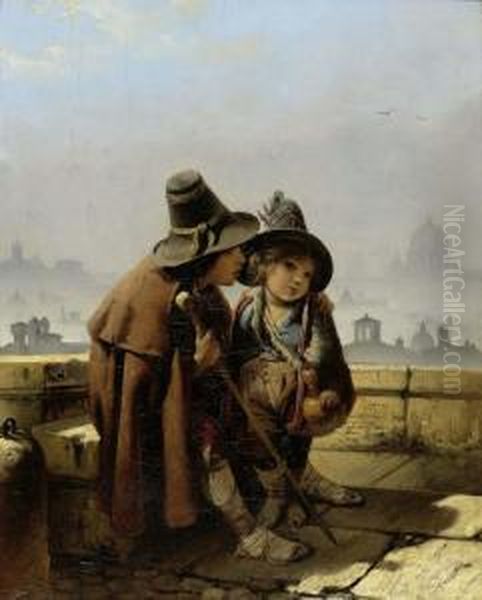 Uber Den Dachern Von Rom Mit Zwei Knaben Im Vordergrund. Oil Painting by Neff Von Timoleon Karl