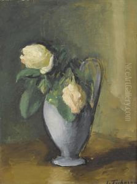 Weisse Rosen In Einer Vase Oil Painting by Johann Wilhelm Von Tscharner