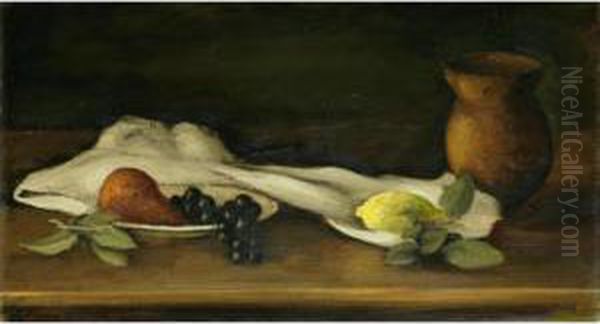 Stillleben Mit Fruchten, Krug Und Weissem Tuch Oil Painting by Johann Wilhelm Von Tscharner