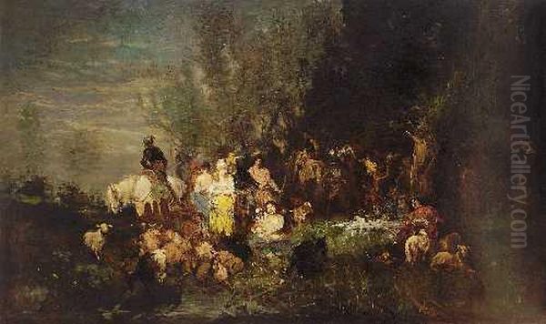 Feldlager Mit Berittenenkriegern Und Hirtinnen Am Waldrand Oil Painting by Fritz von Uhde