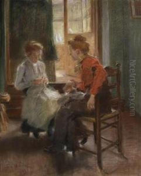 Stube Mitmadchen Bei Der Handarbeit Oil Painting by Fritz von Uhde