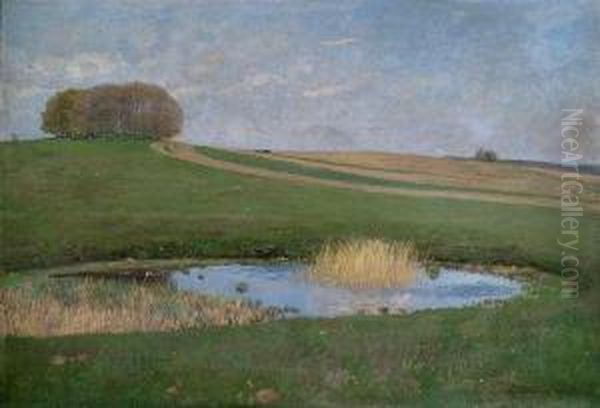 Summery Landscape With A Tarn. Oil Painting by Hans Richard Von Volkmann