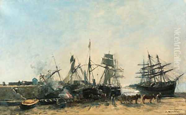 Portrieux Le port mare basse. Dchargement du poisson Oil Painting by Eugene Boudin