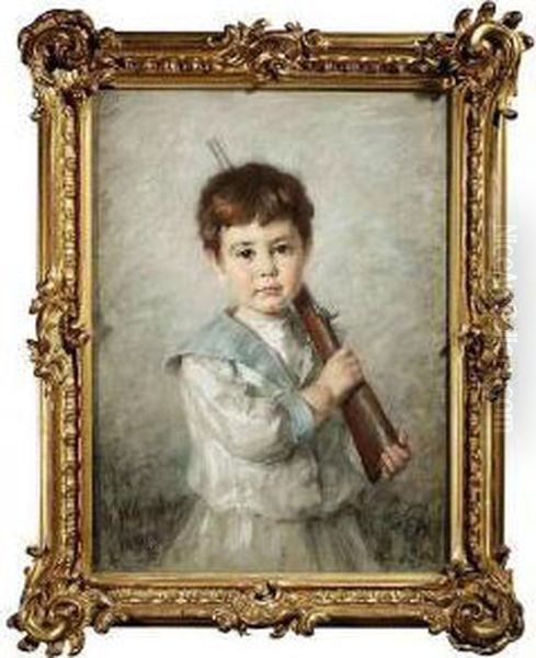 Portrait Ofa Young Boy With A Rifle. Oil Painting by Paula Freiin Von Wachter