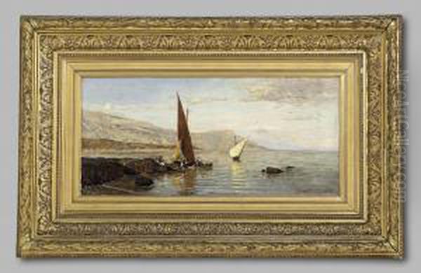 Italian Coastal Landscape Oil Painting by Alfred Von Waldenburg