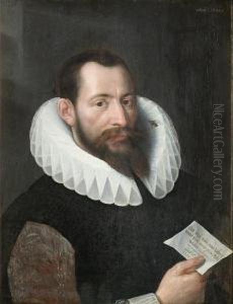 Portrait Of Gentleman, Half-length, In A Blacktunic And A White Lace Collar, Holding A Letter Oil Painting by Gottfried, Gotthardt Von Wedig