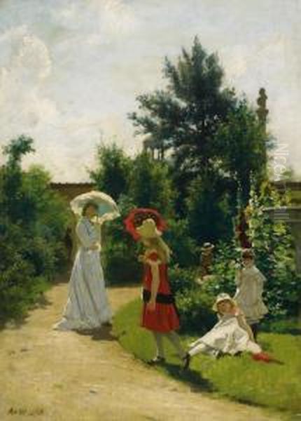 Die Familie Des Kunstlersim Garten Der Sommerresidenz In Wannsee Oil Painting by Anton Alexander von Werner