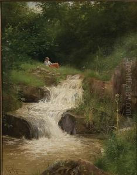 A Woman Next To A Flowing Creek Oil Painting by Raimund, Ritter Von Wichera