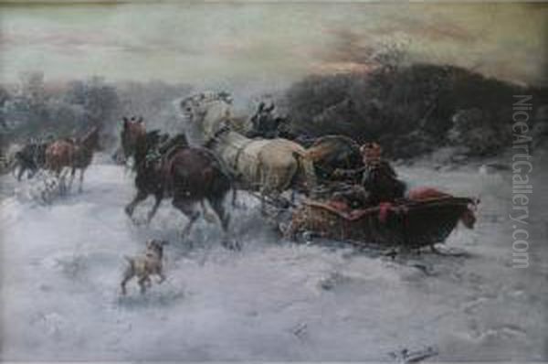 Winter Sleigh Teams Oil Painting by Alfred Wierusz-Kowalski