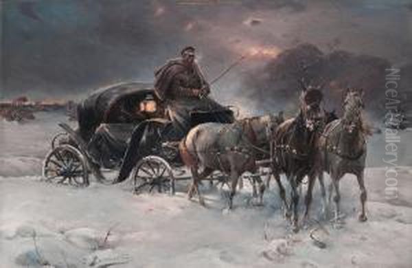 Traveller On A Winter Night Oil Painting by Alfred Wierusz-Kowalski