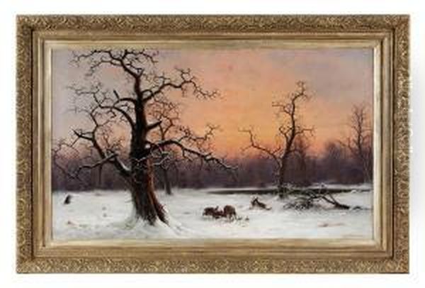 Snow Covered Landscape With Stags Rutting Oil Painting by Alfred Wierusz-Kowalski