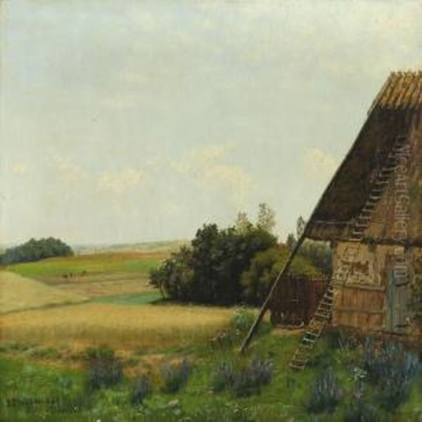 Open Landscape With Thatched Barn Oil Painting by Johan Peter Von Wildenradt