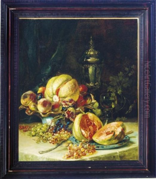 Still Life Of Grapes, Melons And Peaches On A Table Oil Painting by August Von Wille