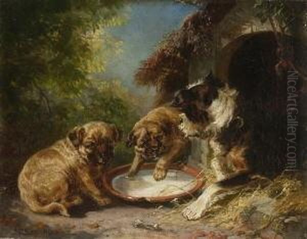 Zwei Welpen Mit Ihrer
 Mutter Oil Painting by Clara Von Wille