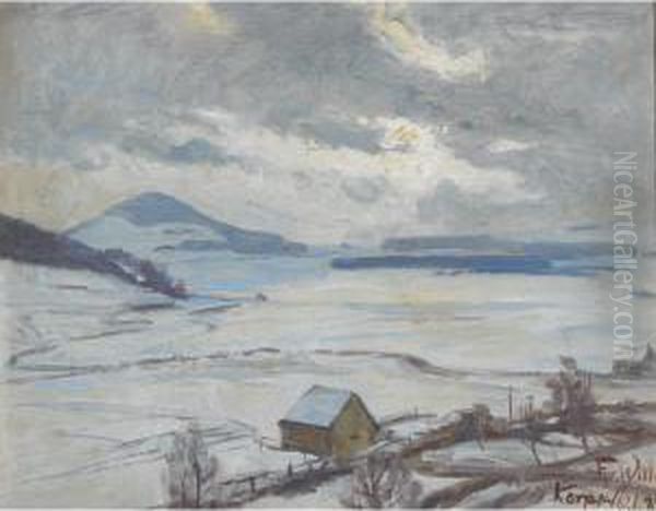 Frozen Lake With Village Houses At Kerpen Oil Painting by Fritz Von Wille