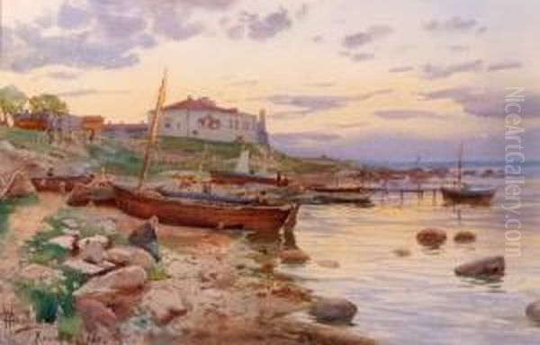 Italian Coastal Scene Oil Painting by Carl Von Winkler