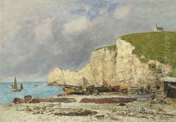 Etretat Barques echouees et falaise d'amont Oil Painting by Eugene Boudin