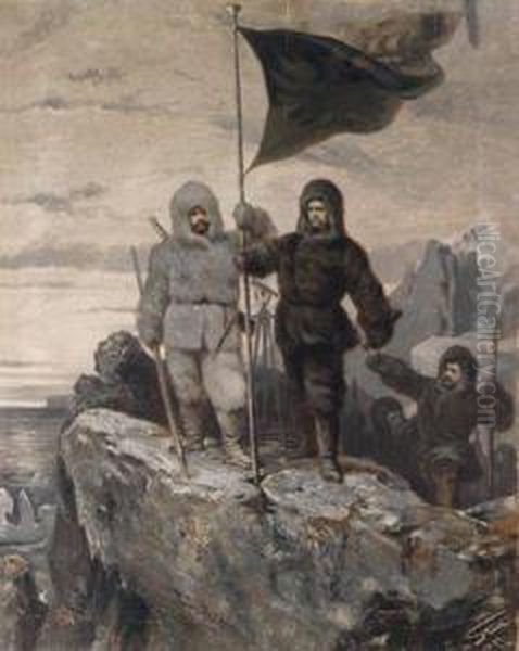 Julius Payer Und Karl Weyprecht Hissen Die Osterreichisch-ungarische Fahne Auf Dervon Ihnen So Benannten Insel Franz-josef-land Oil Painting by Carl Von Zellenberg