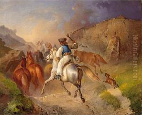 The Horsedriver At Work Oil Painting by Franz Zeller Von Zellenberg