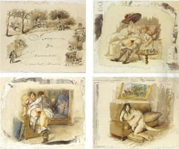 Souvenir De Jeunesse: A Rare Set Of 24 Erotic Drawings Oil Painting by Mihaly von Zichy