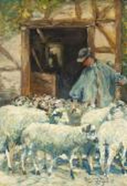 Hirte Mit Schafherde Vor Dem Stall Oil Painting by Heinrich Johann Von Zugel