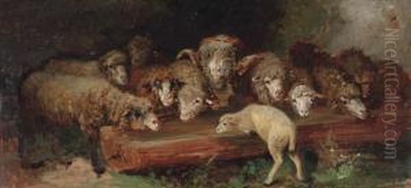 A Flock Of Sheep Drinking Oil Painting by Heinrich Johann Von Zugel