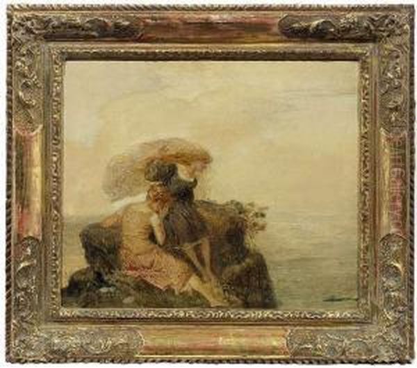 Two Womenon A Bank At Seashore Oil Painting by Ludwig Von Zumbusch