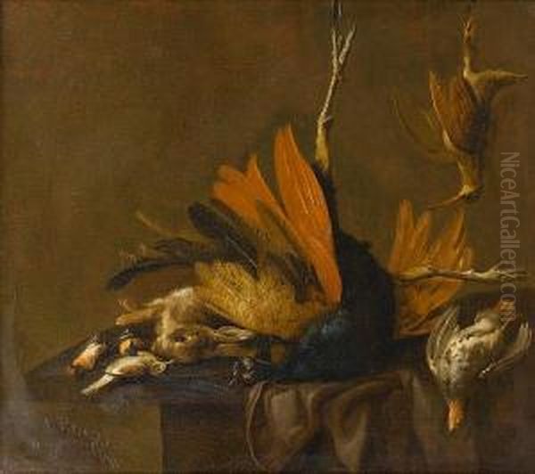 A Peacock, Hare, Partridge, Woodcock Andsongbirds On A Draped Table Oil Painting by Elias Vonck