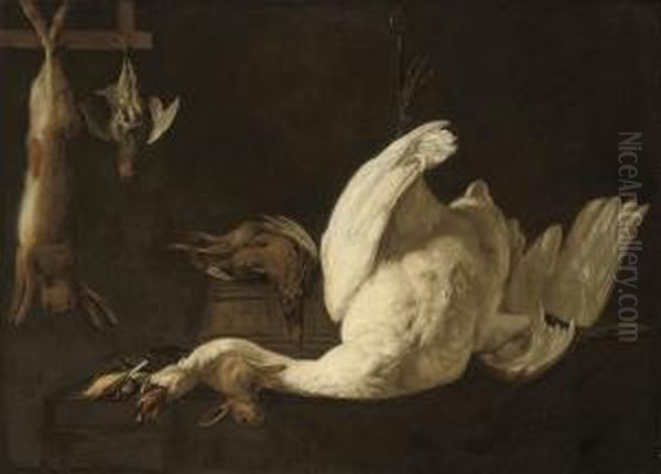 A Still Life Of A Swan Suspended From A Hook, A Hare, A Greypartridge, A Pheasant On A Barrel And A Rabbit And Song Birds On Astone Ledge Oil Painting by Elias Vonck