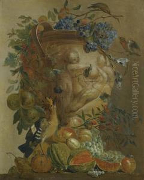 A Still Life Of Melons, Grapes, Peaches And Other Fruits In A Stone Urn With Birds Oil Painting by Jacobus Vonck