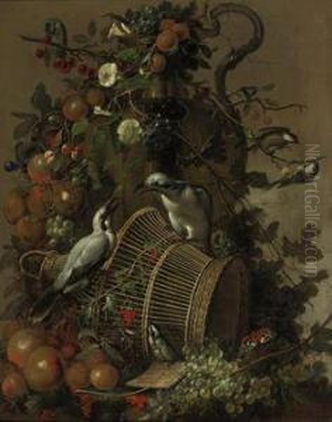 Two Loggerhead Shrikes On A Reed Cage, Apples, Peaches, Grapes,pears, Red Berries And Cherries Together With Flowers Hanging Froma Vase, A Butterfly And Great Tits, All On A Marble Ledge Oil Painting by Jacobus Vonck