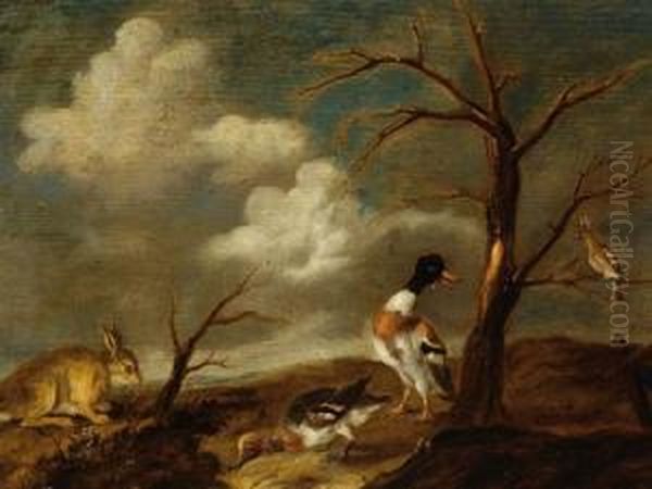 Two Ducks, A Rabbit And A Bird In A Landscape Oil Painting by Jacobus Vonck