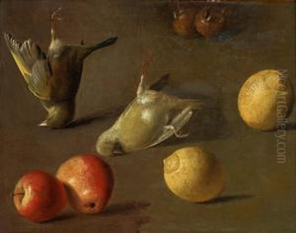 Circle Of 
Stilllife With Birds And Fruit Oil Painting by Jacobes Vonck