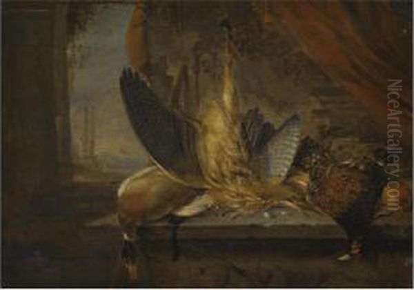 A Still Life Of Game With A Mallard Drake, A Bittern And A Cock Pheasant On A Stone Ledge, A Coastal View Beyond Oil Painting by Jacobes Vonck