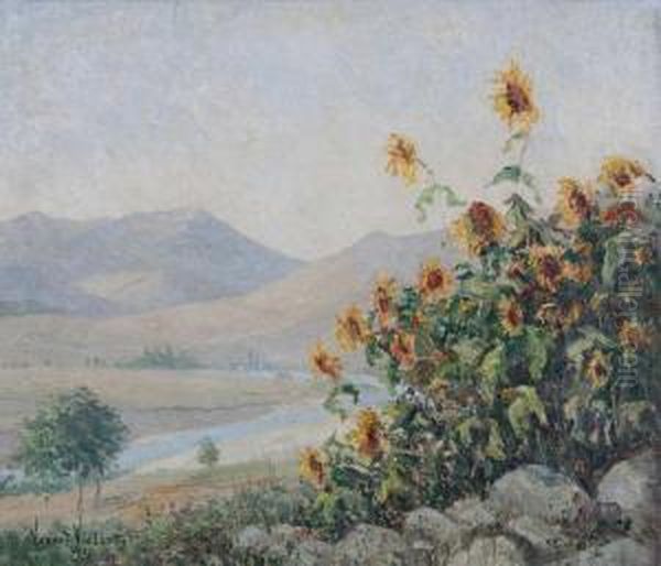 Zuiders Berglandschap Met Zonnebloemen Voor Rivier Oil Painting by Yvonne Vonnot-Viollet