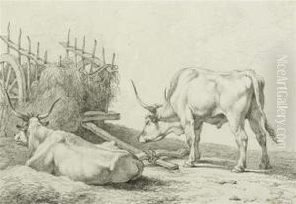 Hay Wagon With Oxen Reclining And Standing Oil Painting by Hendrik Voogd