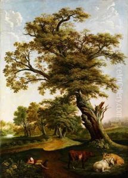 Grosser Eichenbaum Vor Einem Eichenwaldchen Im Hintergrund Mit Schlafendem Hirten Und Rastenden Rindern Oil Painting by Hendrik Voogd