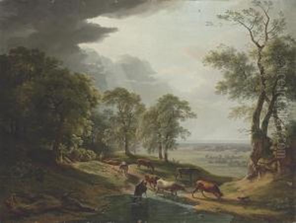 An Extensive Wooded, River Landscape, With Cattle Watering In Theforeground Oil Painting by Hendrik Voogd