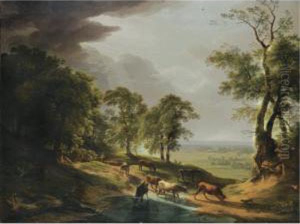 A Herd Of Cows Drinking From A Stream, An Extensive Landscape In The Valley Beyond Oil Painting by Hendrik Voogd