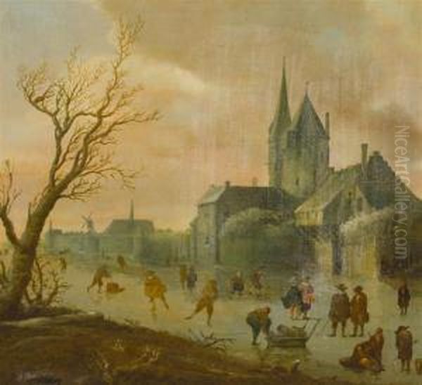 Ice Sports With A Church Tower In The Background Oil Painting by Henri Voordecker