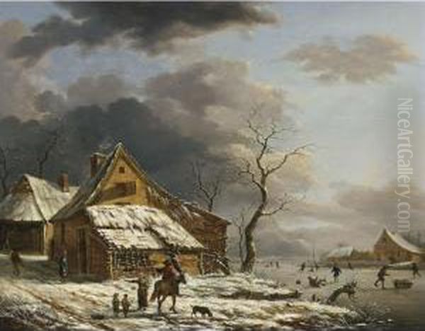 A Winterlandscape With Figures By A Farm Oil Painting by Henri Voordecker