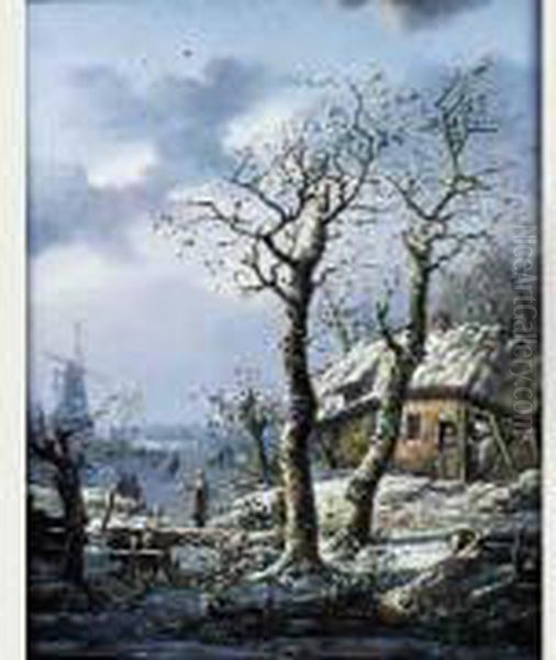 Paysage D'hiver Avec Chaumiere Et Patineurs Oil Painting by Henri Voordecker