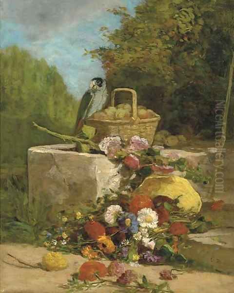 Perroquet, fruits et fleurs dans un jardin Oil Painting by Eugene Boudin